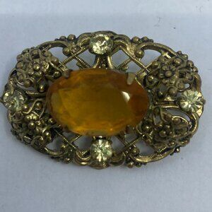 Vtg Czecho ? brass filigree topaz glass rhinestone brooch